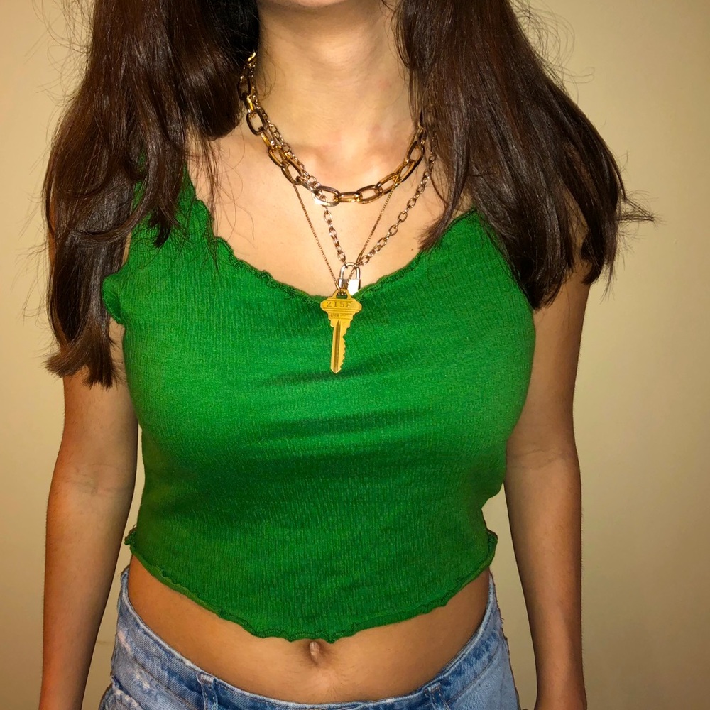 GREEN Y2K RIBBED & RUFFLED TANK